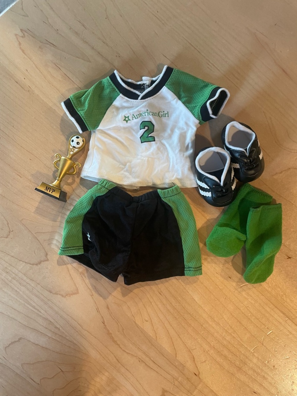 American Girl White & Green Soccer Uniform with Black Cleats